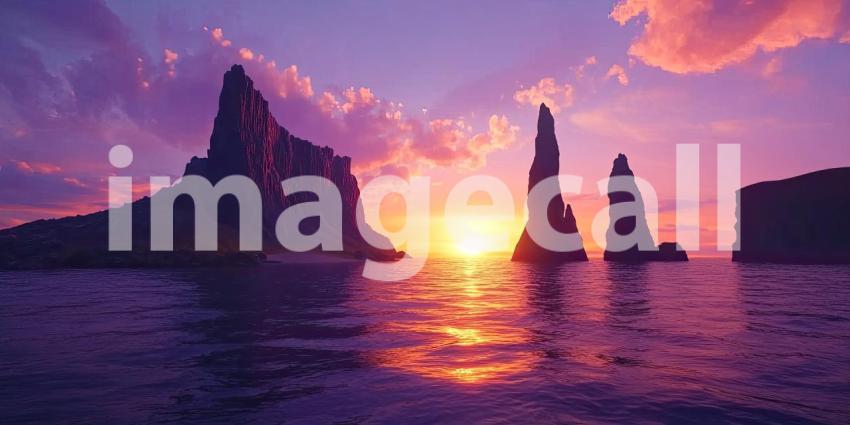 A breathtaking sunset paints the sky in fiery hues, casting a dramatic glow over a seascape dotted with dramatic cliffs and soaring sea stacks