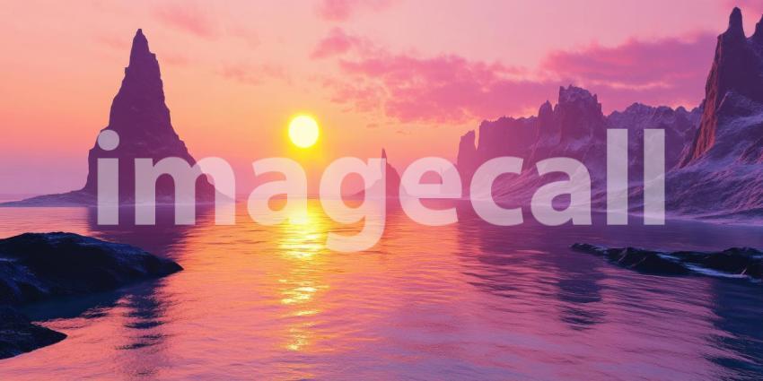 A breathtaking sunset paints the sky in fiery hues, casting a dramatic glow over a seascape dotted with dramatic cliffs and soaring sea stacks