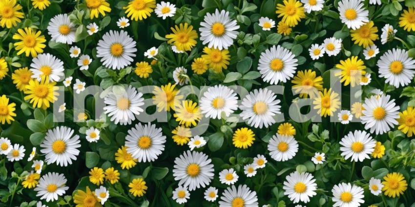 A vibrant field of daisies, with a cheerful mix of white and yellow blooms creating a cheerful and eye-catching display.
