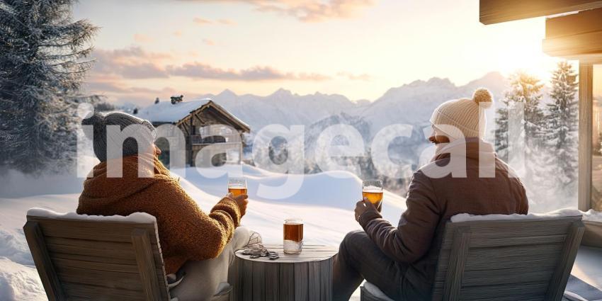 Two Individuals Enjoying Steaming Beverages Outdoors in a Serene Snowy Landscape with Snow-Covered Trees and Mountains at Sunset