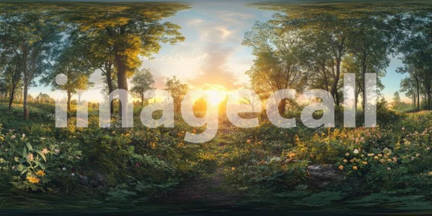 A panoramic view of a sun-dappled forest, with tall pine trees reaching towards a vibrant sky, creating a sense of peace and tranquility