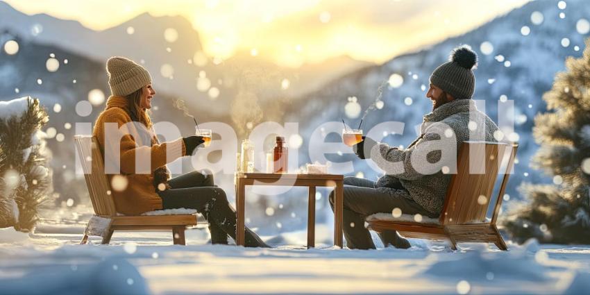 Two Individuals Enjoying Steaming Beverages Outdoors in a Serene Snowy Landscape with Snow-Covered Trees and Mountains at Sunset