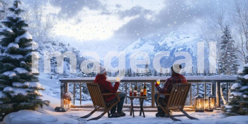 Two Individuals Enjoying Steaming Beverages Outdoors in a Serene Snowy Landscape with Snow-Covered Trees and Mountains at Sunset
