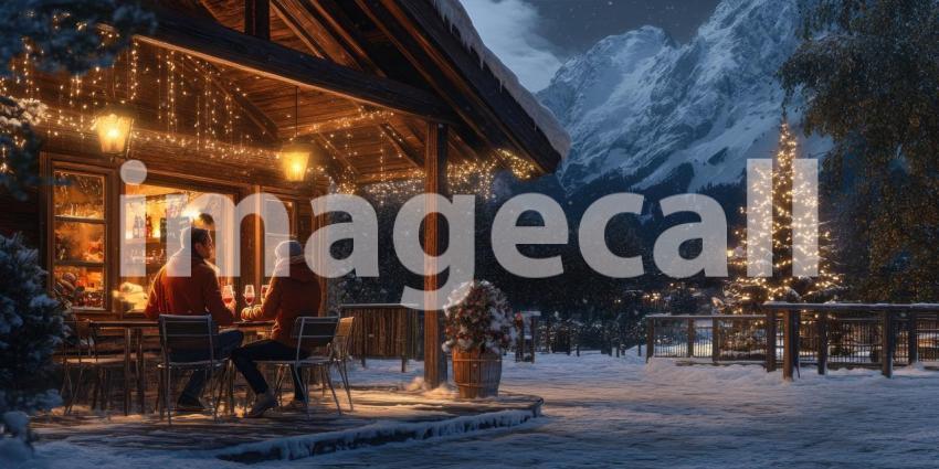 Two Individuals Enjoying Steaming Beverages Outdoors in a Serene Snowy Landscape with Snow-Covered Trees and Mountains at Sunset