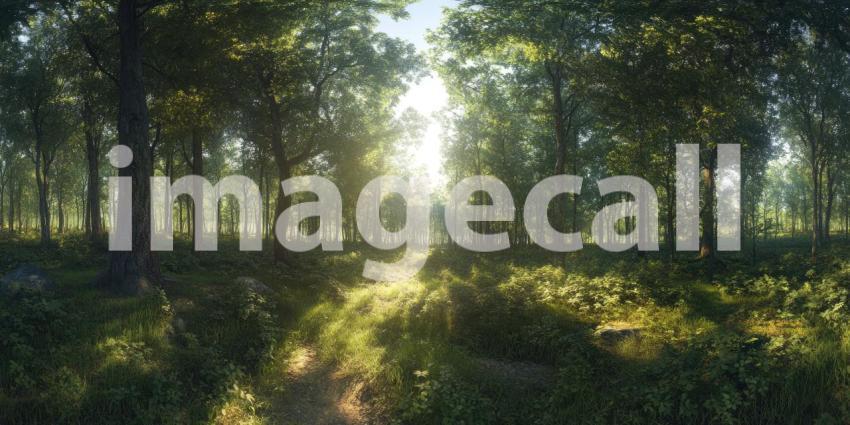 A panoramic view of a sun-dappled forest, with tall pine trees reaching towards a vibrant sky, creating a sense of peace and tranquility