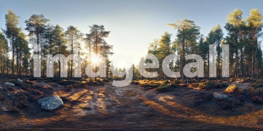 A panoramic view of a sun-dappled forest, with tall pine trees reaching towards a vibrant sky, creating a sense of peace and tranquility