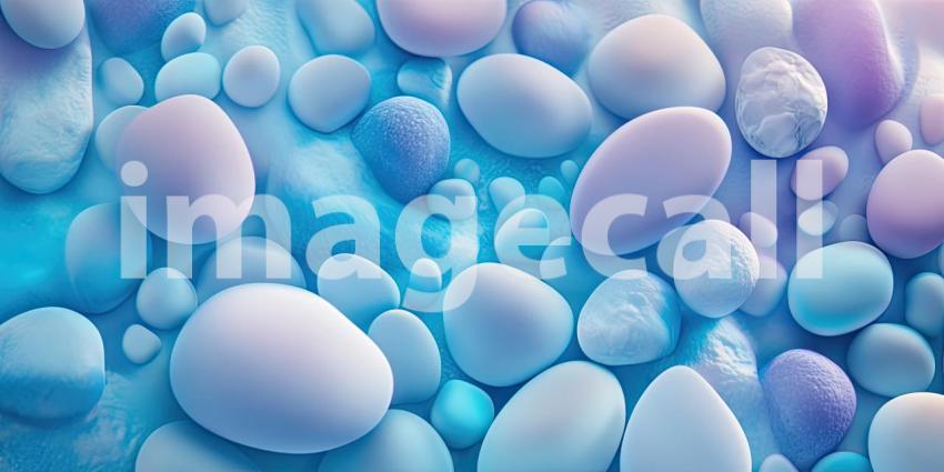 A vibrant mosaic of smooth, sea-worn pebbles in shades of blue and teal, punctuated by pops of sunny yellow