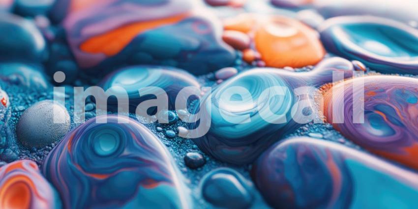 A vibrant mosaic of smooth, sea-worn pebbles in shades of blue and teal, punctuated by pops of sunny yellow