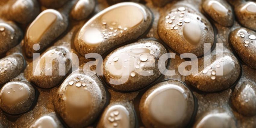 A vibrant mosaic of smooth, sea-worn pebbles in shades of blue and teal, punctuated by pops of sunny yellow