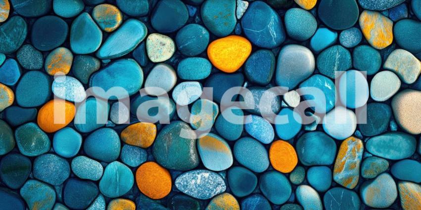 A vibrant mosaic of smooth, sea-worn pebbles in shades of blue and teal, punctuated by pops of sunny yellow