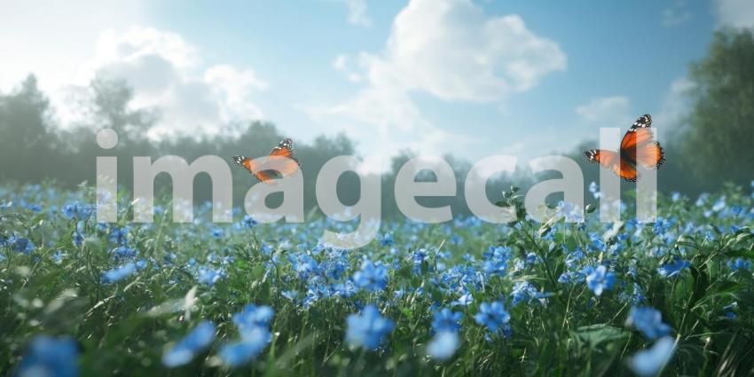 A magical scene of colorful butterflies fluttering amongst a field of delicate blue flowers bathed in warm sunlight