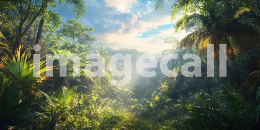 A sunlit path winds through a lush, vibrant jungle, leading the eye towards a hidden clearing