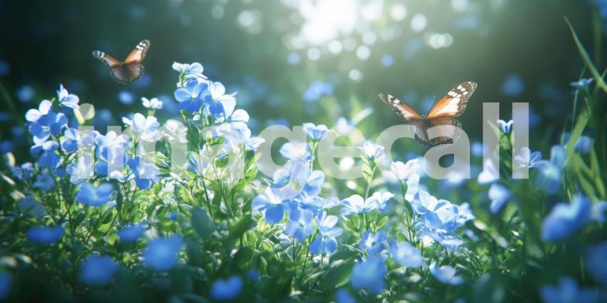A magical scene of colorful butterflies fluttering amongst a field of delicate blue flowers bathed in warm sunlight