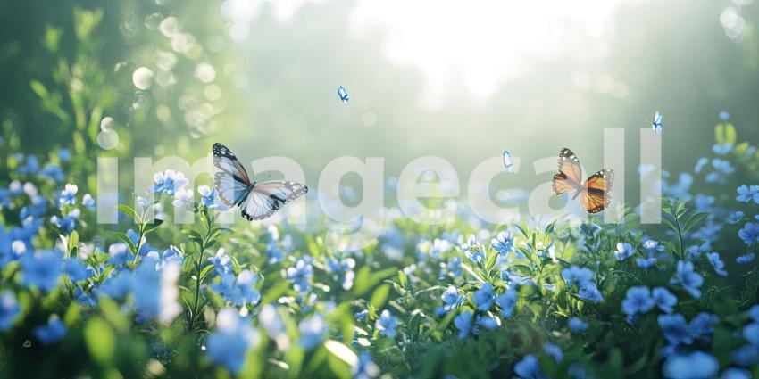 A magical scene of colorful butterflies fluttering amongst a field of delicate blue flowers bathed in warm sunlight