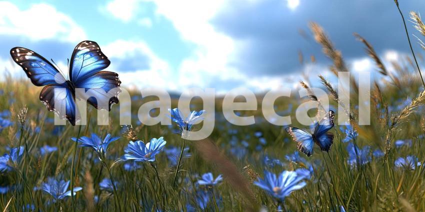 A magical scene of colorful butterflies fluttering amongst a field of delicate blue flowers bathed in warm sunlight