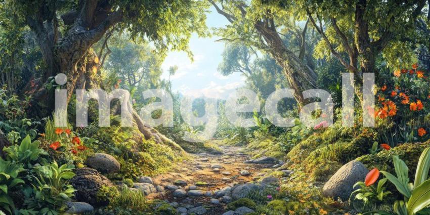 A sunlit path winds through a lush, vibrant jungle, leading the eye towards a hidden clearing