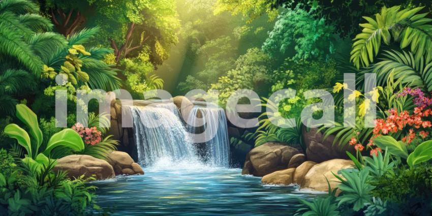 A serene waterfall cascades through a lush, vibrant jungle, creating a tranquil oasis of nature