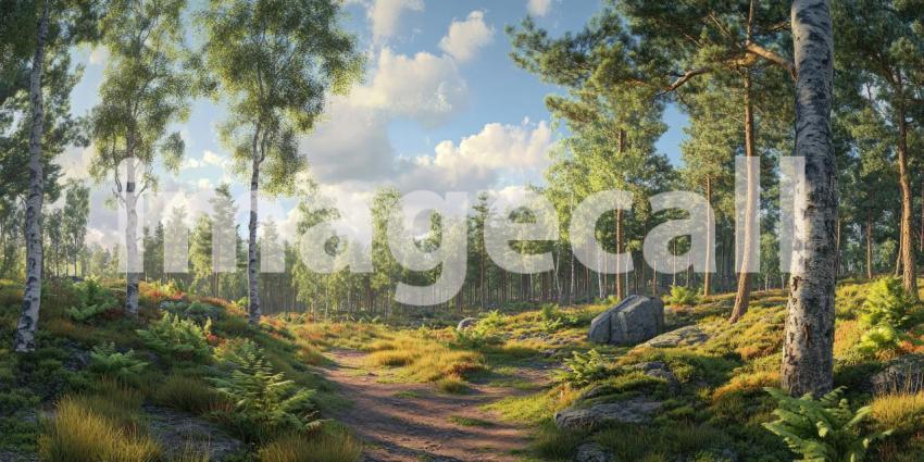 A sunlit path winds through a lush, vibrant jungle, leading the eye towards a hidden clearing