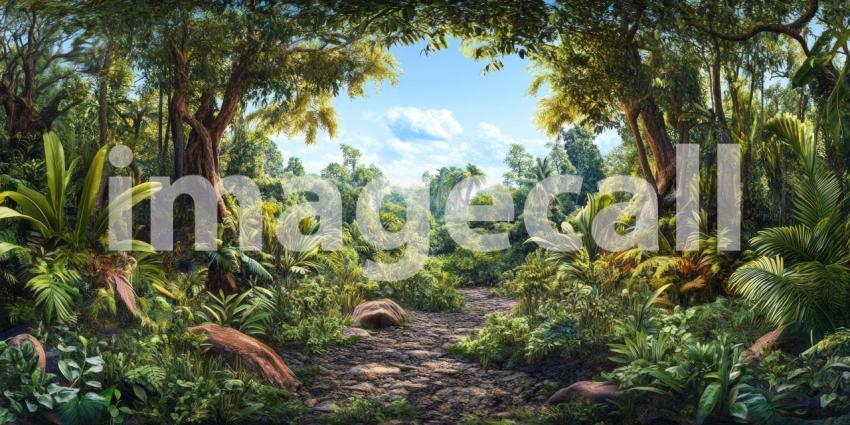 A sunlit path winds through a lush, vibrant jungle, leading the eye towards a hidden clearing