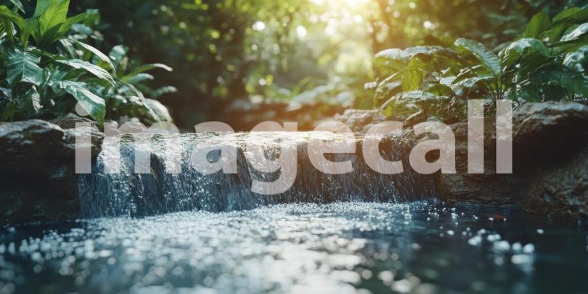 A serene waterfall cascades through a lush, vibrant jungle, creating a tranquil oasis of nature