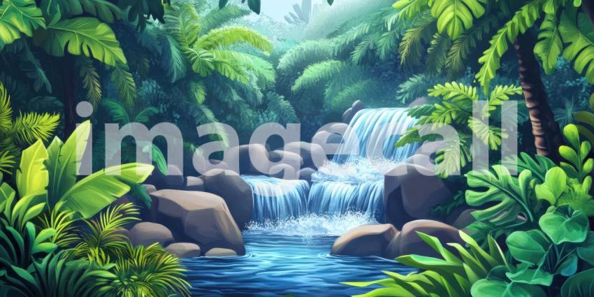 A serene waterfall cascades through a lush, vibrant jungle, creating a tranquil oasis of nature