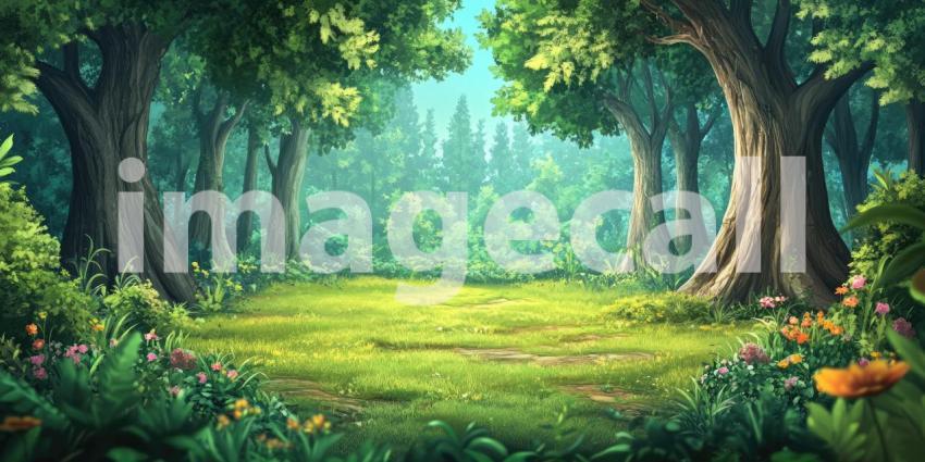 A sunlit clearing in a vibrant enchanted forest, teeming with life and inviting exploration