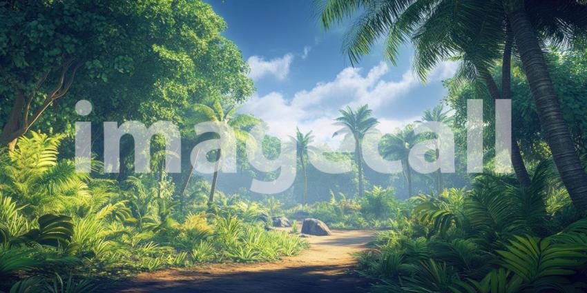 A sunlit clearing in a vibrant enchanted forest, teeming with life and inviting exploration