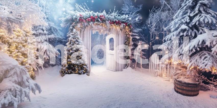A magical winter wonderland awaits beyond a festive doorway adorned with twinkling lights and holiday greenery, nestled amidst a snow-covered forest