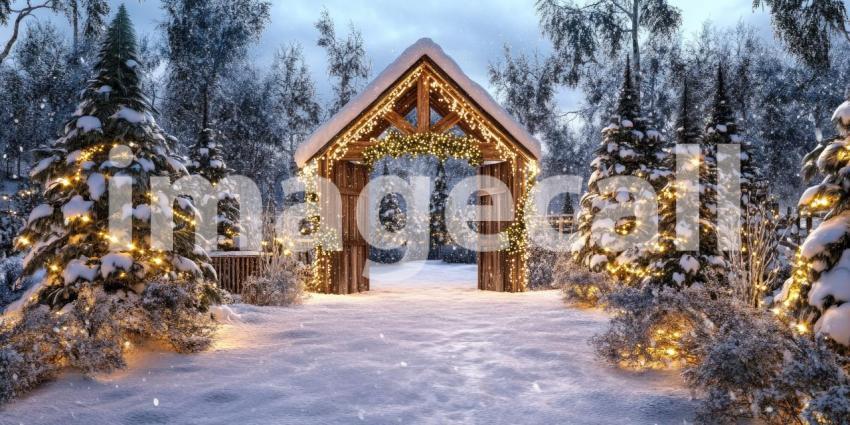 A magical winter wonderland awaits beyond a festive doorway adorned with twinkling lights and holiday greenery, nestled amidst a snow-covered forest