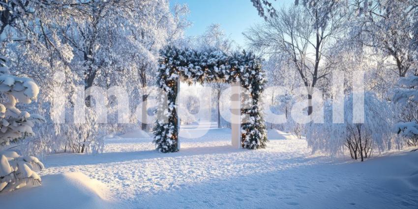 A magical winter wonderland awaits beyond a festive doorway adorned with twinkling lights and holiday greenery, nestled amidst a snow-covered forest
