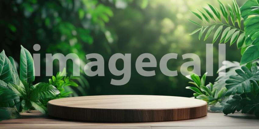 A rustic wooden platform nestled amidst a vibrant tropical backdrop of lush green foliage, inviting a display of natural products