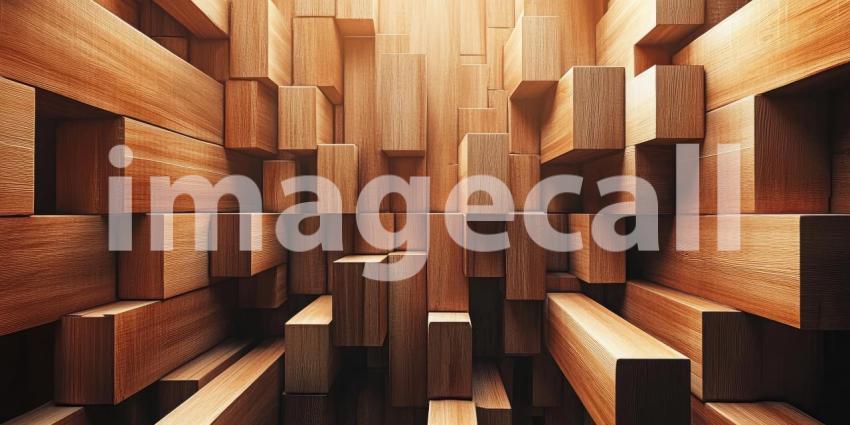 Interlocking Wooden Blocks Create a Textured Abstract Pattern with a Warm, Natural Aesthetic.