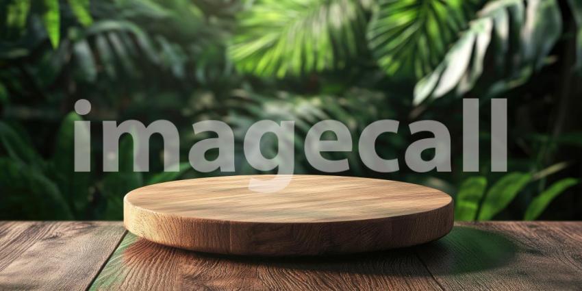 A rustic wooden platform nestled amidst a vibrant tropical backdrop of lush green foliage, inviting a display of natural products