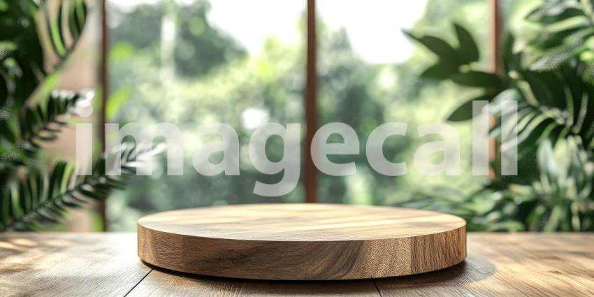 A rustic wooden platform nestled amidst a vibrant tropical backdrop of lush green foliage, inviting a display of natural products