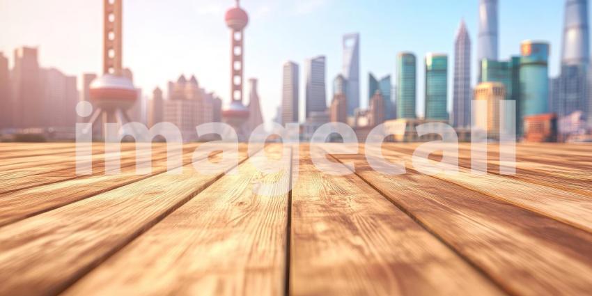 A wooden table overlooking a vibrant cityscape illuminated with dazzling lights at night, offering a sense of urban vibrancy and nightlife