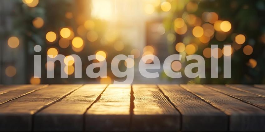 Warm Wooden Table Top Bathed in Golden Sunlight with a Defocused Background of Bokeh Lights and Lush Greenery