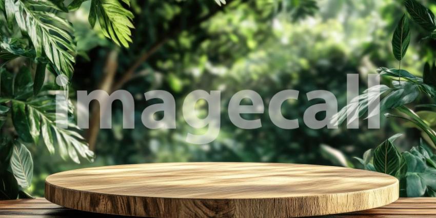 A rustic wooden platform nestled amidst a vibrant tropical backdrop of lush green foliage, inviting a display of natural products