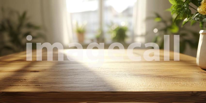 Warm Wooden Table Top Bathed in Golden Sunlight with a Defocused Background of Bokeh Lights and Lush Greenery
