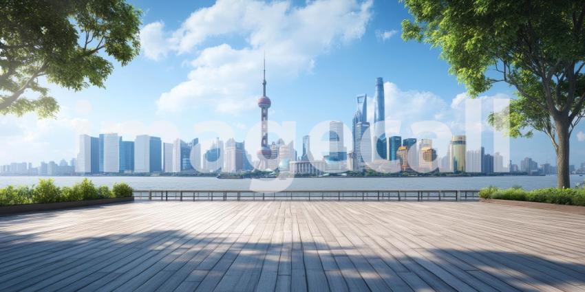 A wooden table overlooking a vibrant cityscape illuminated with dazzling lights at night, offering a sense of urban vibrancy and nightlife