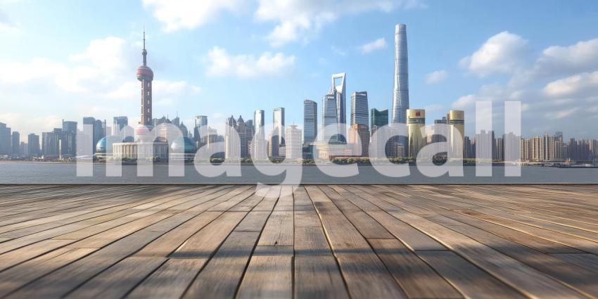 A wooden table overlooking a vibrant cityscape illuminated with dazzling lights at night, offering a sense of urban vibrancy and nightlife