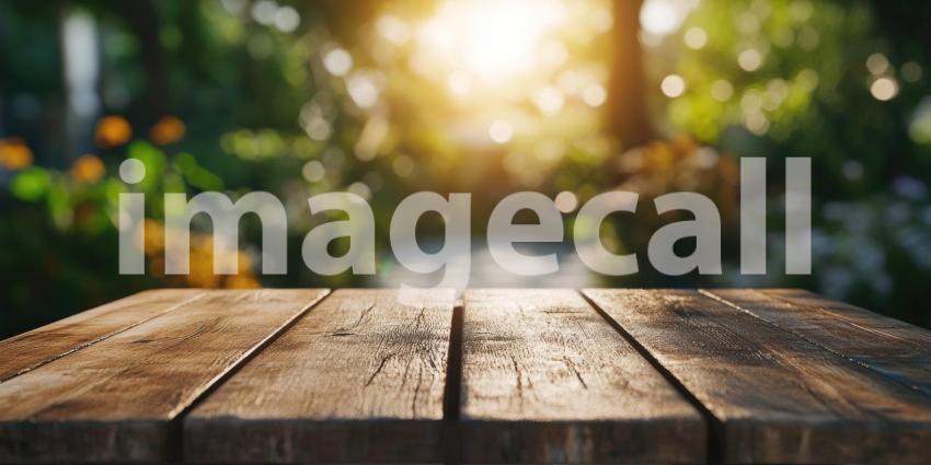 Warm Wooden Table Top Bathed in Golden Sunlight with a Defocused Background of Bokeh Lights and Lush Greenery