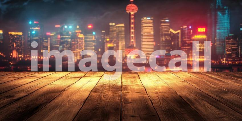 A wooden table overlooking a vibrant cityscape illuminated with dazzling lights at night, offering a sense of urban vibrancy and nightlife