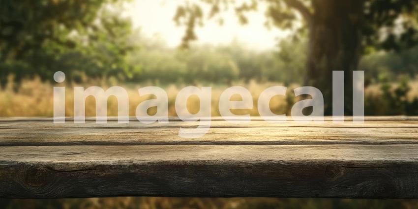 Warm Wooden Table Top Bathed in Golden Sunlight with a Defocused Background of Bokeh Lights and Lush Greenery