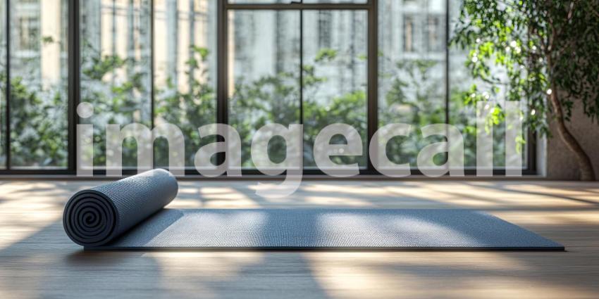 A rolled-up yoga mat rests on a hardwood floor, inviting a moment of tranquility in a sunlit room with large windows overlooking a cityscape