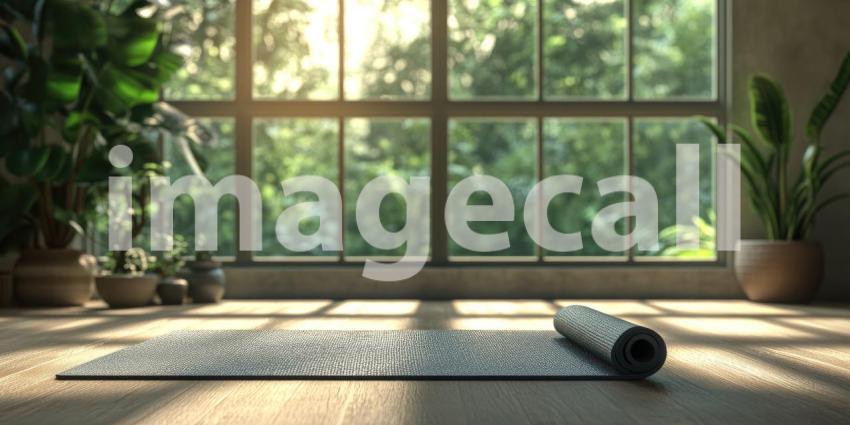 A rolled-up yoga mat rests on a hardwood floor, inviting a moment of tranquility in a sunlit room with large windows overlooking a cityscape