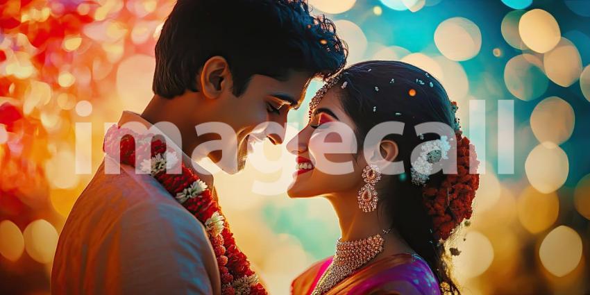 Two Individuals in Traditional Attire with Flower Garlands and Vibrant Bokeh Lights Celebrating a Festive Occasion