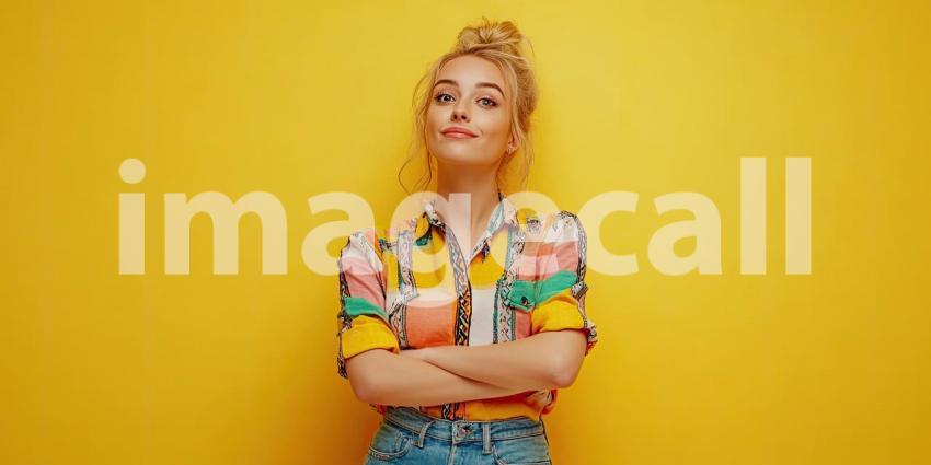Vibrant Portrait of an Individual in a Colorful Patterned Shirt with Rolled-Up Sleeves and Blue Jeans Against a Bright Yellow Background