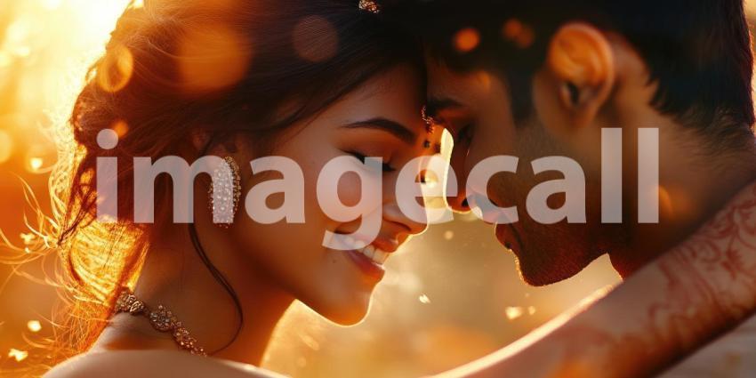 Two Individuals in Traditional Attire with Flower Garlands and Vibrant Bokeh Lights Celebrating a Festive Occasion