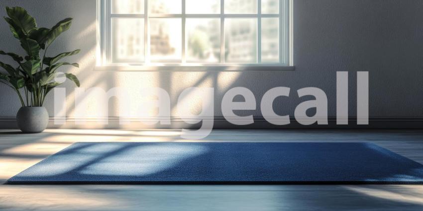 A rolled-up yoga mat rests on a hardwood floor, inviting a moment of tranquility in a sunlit room with large windows overlooking a cityscape