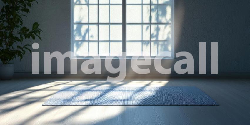 A rolled-up yoga mat rests on a hardwood floor, inviting a moment of tranquility in a sunlit room with large windows overlooking a cityscape